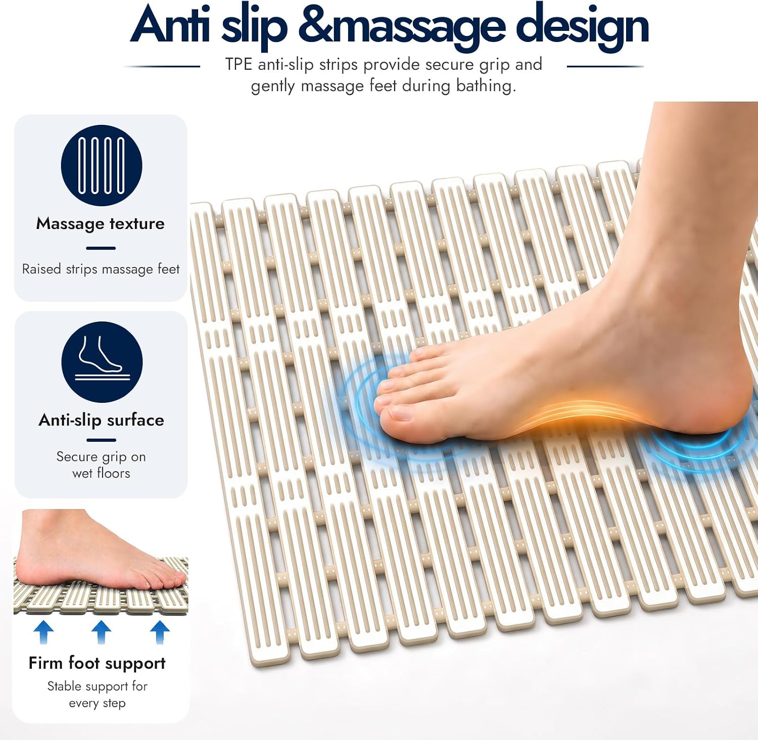 XIYUNTE Shower Mat Non Slip Bath Mat for Tub - 36 x 16 Inch Bathtub Mat Non Slip Shower Mats for Inside Shower, TPE Bath Mat with Suction Cups, Easy to Cut Bath Tub Mat, Brown